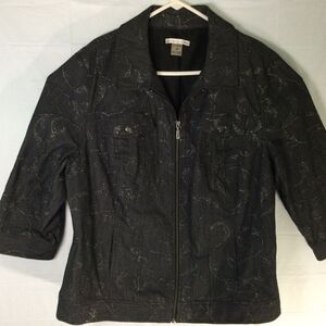 Peter Nygard Womens Lined Jacket 18  metallic Embroidery Full Zip 3/4 Sleeve Blk